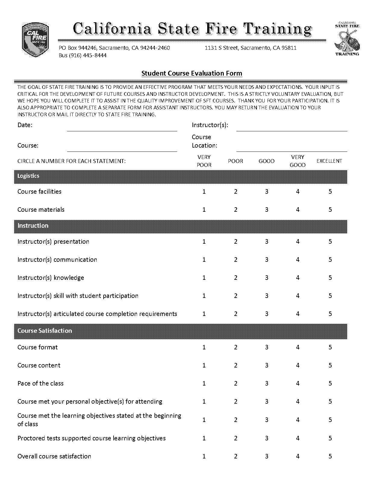 fire class evaluation form