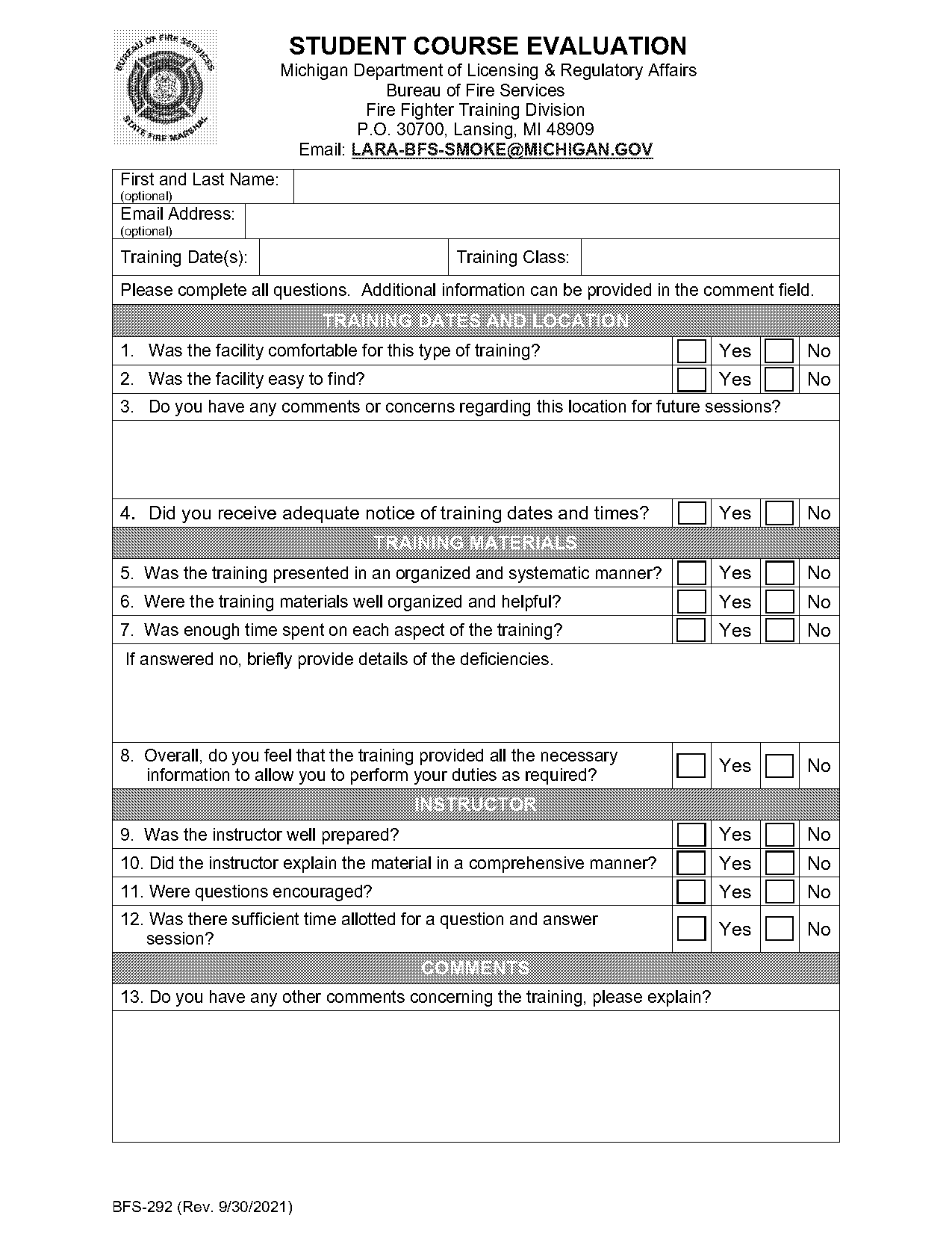 fire class evaluation form