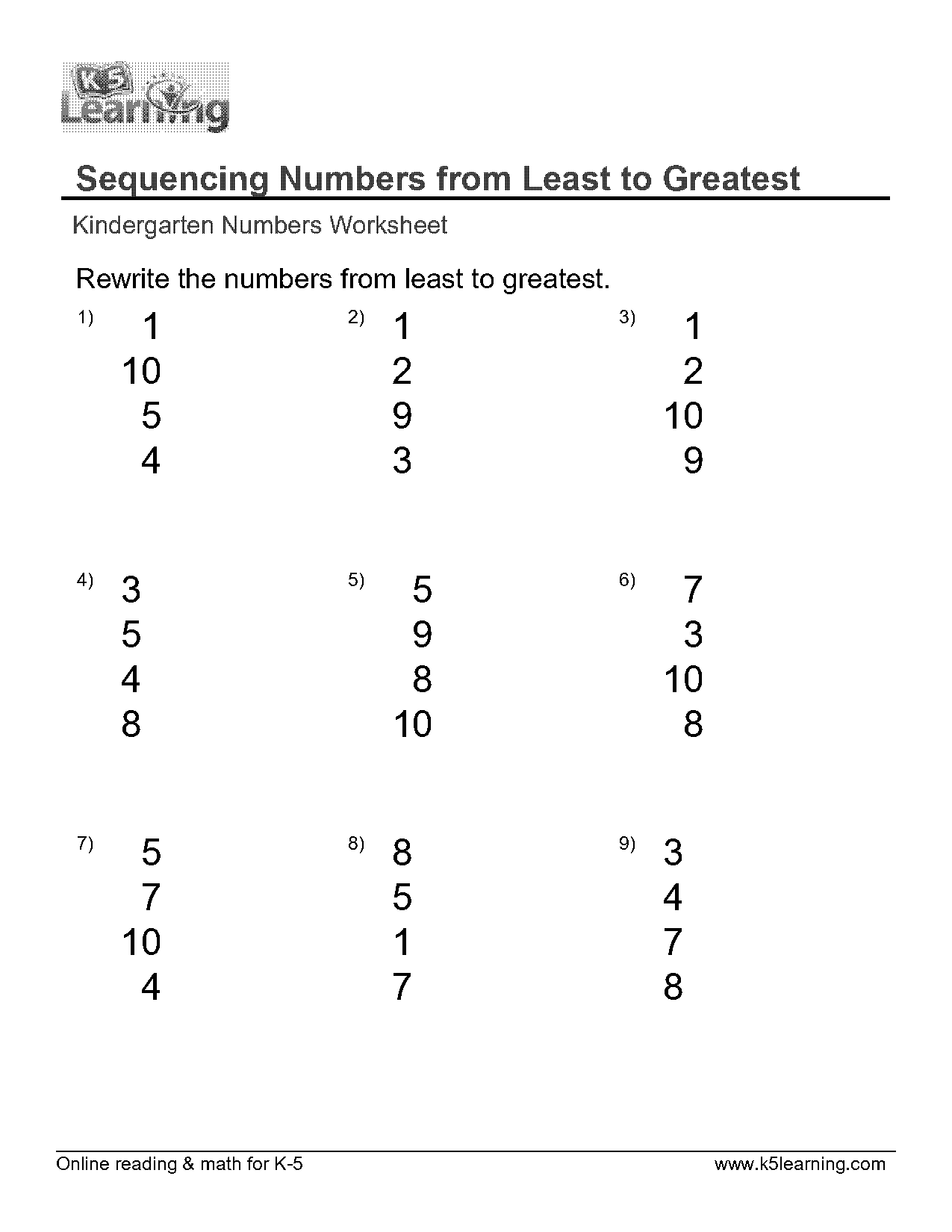 greater number worksheets kindergarten