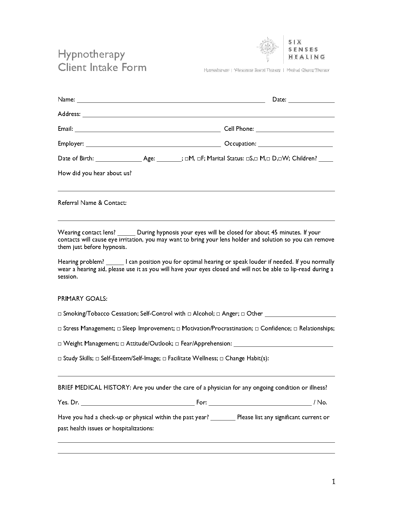 hypnosis intake form template