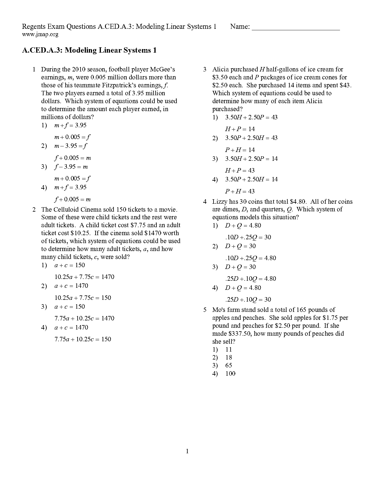 writing and solving systems of equations quiz worksheet