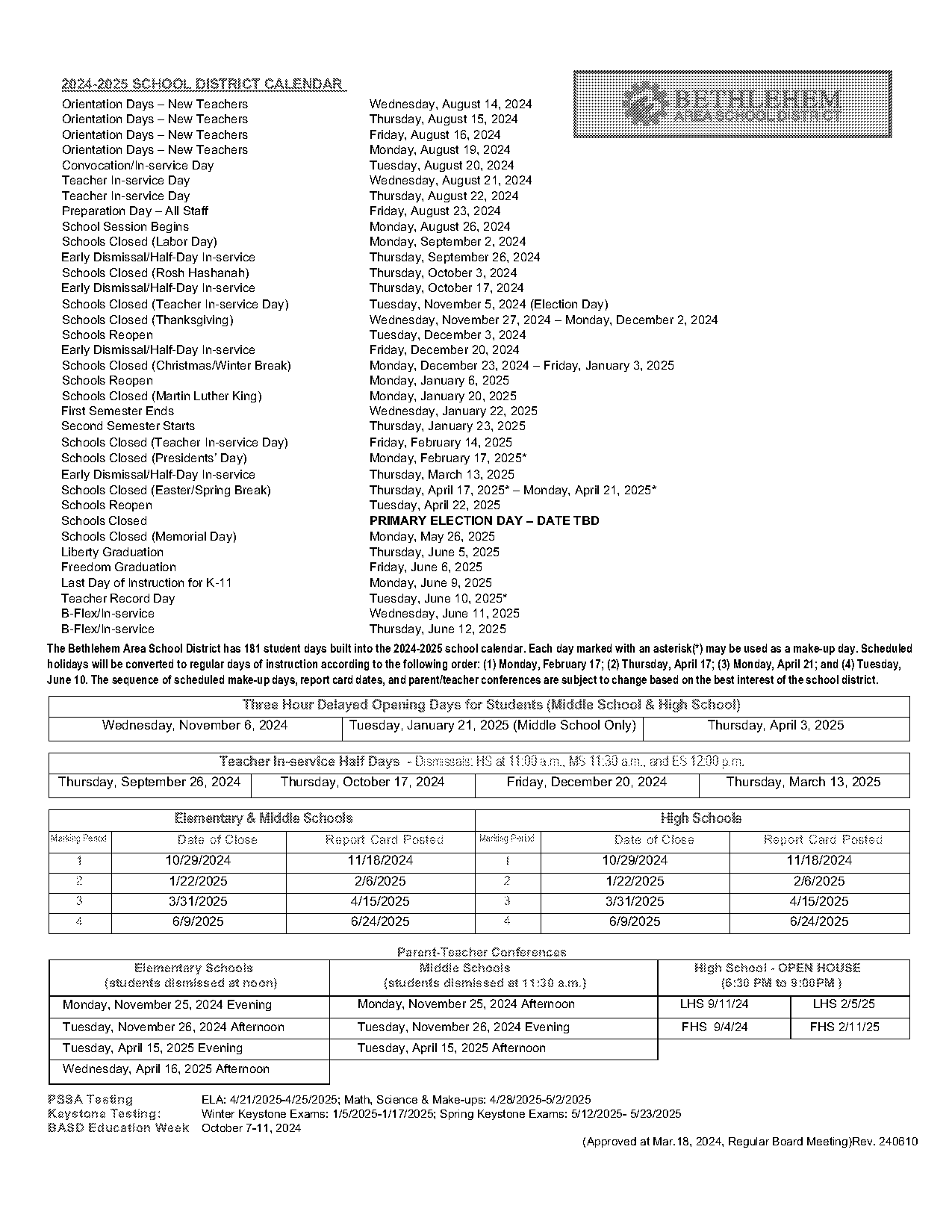 bell schedule at bethlehem area school district