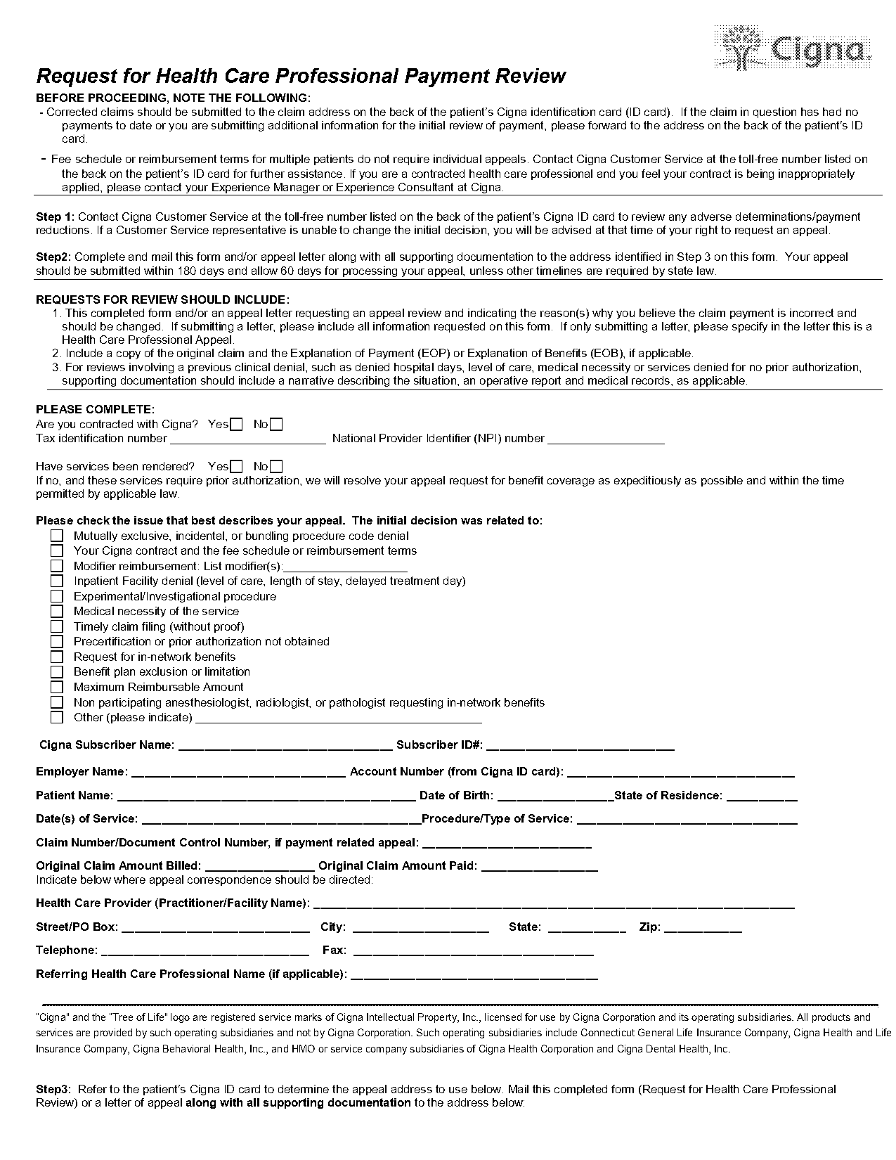 cigna claim appeal form