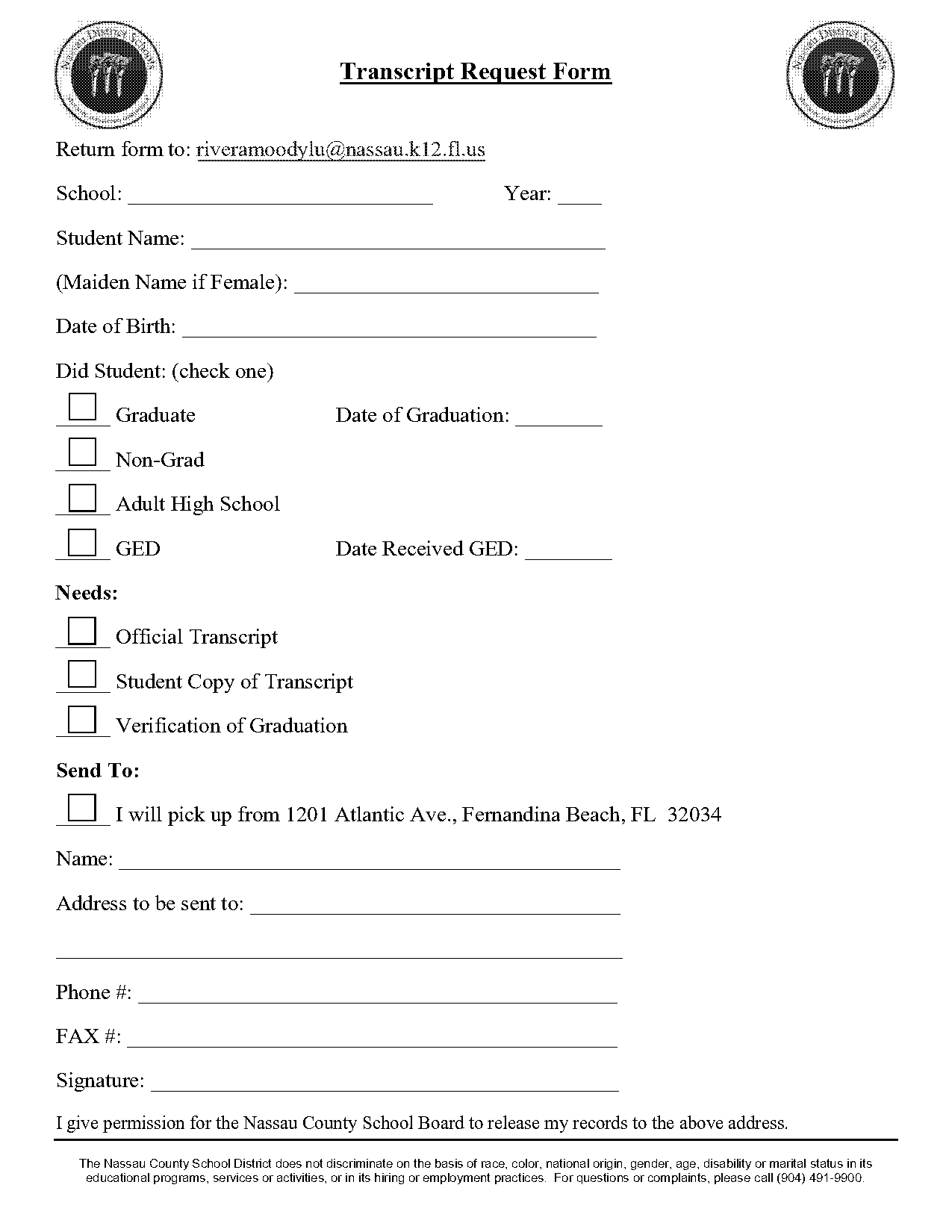 high school transcript request form florida