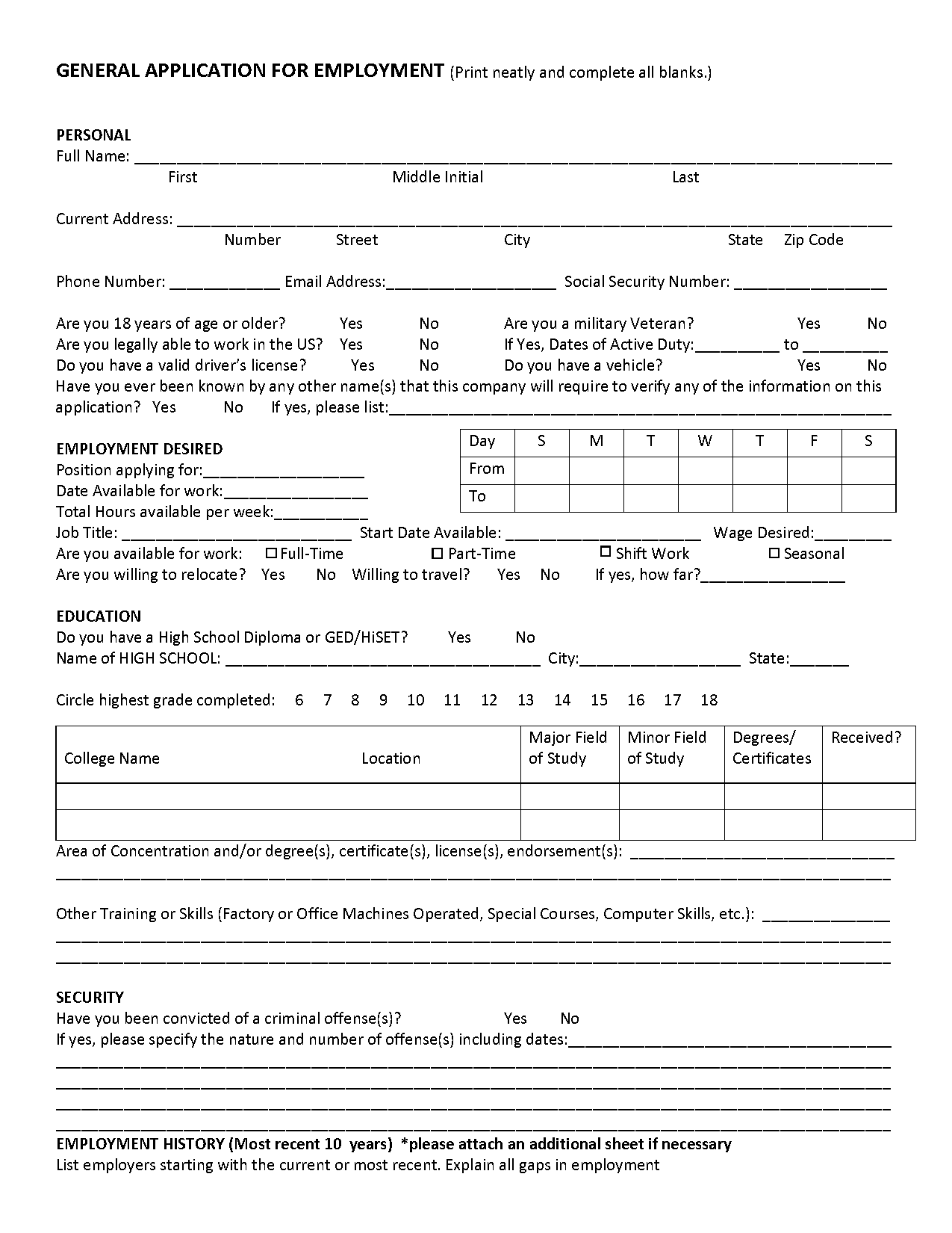 blank employment application template