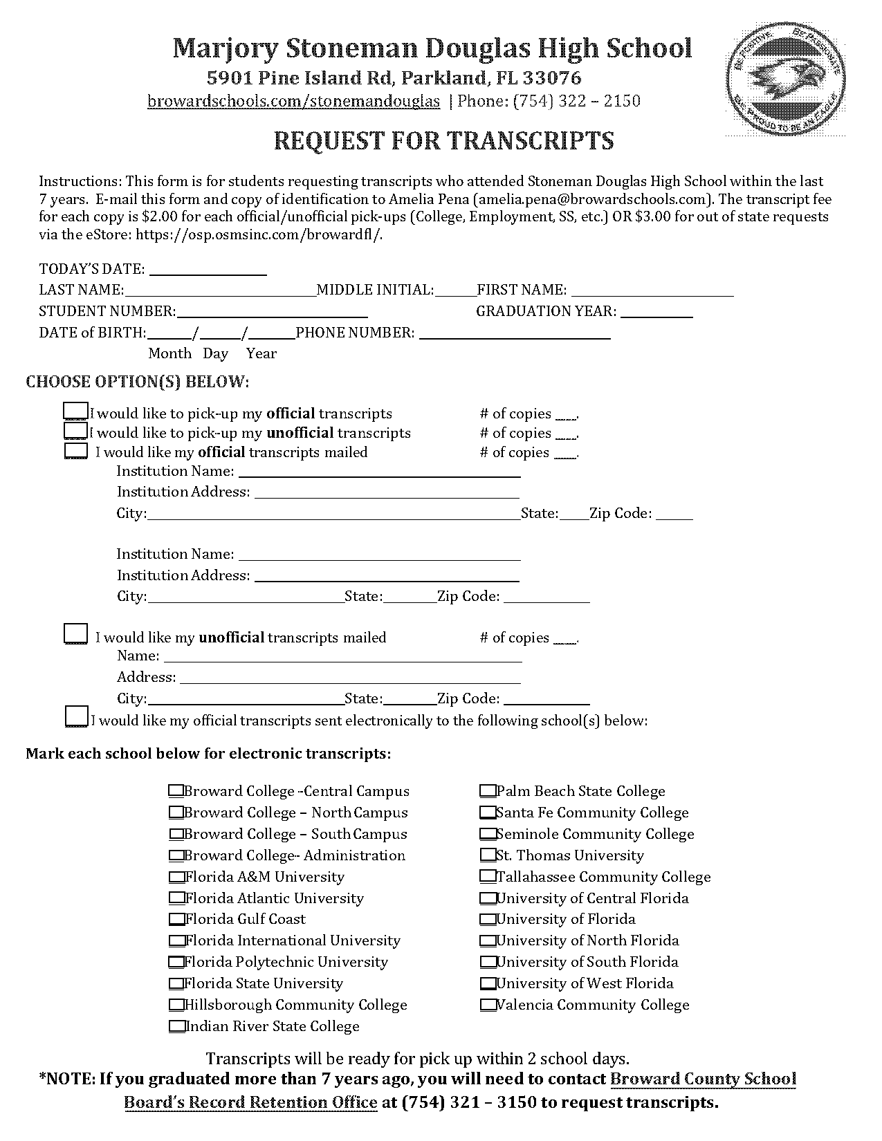 high school transcript request form florida