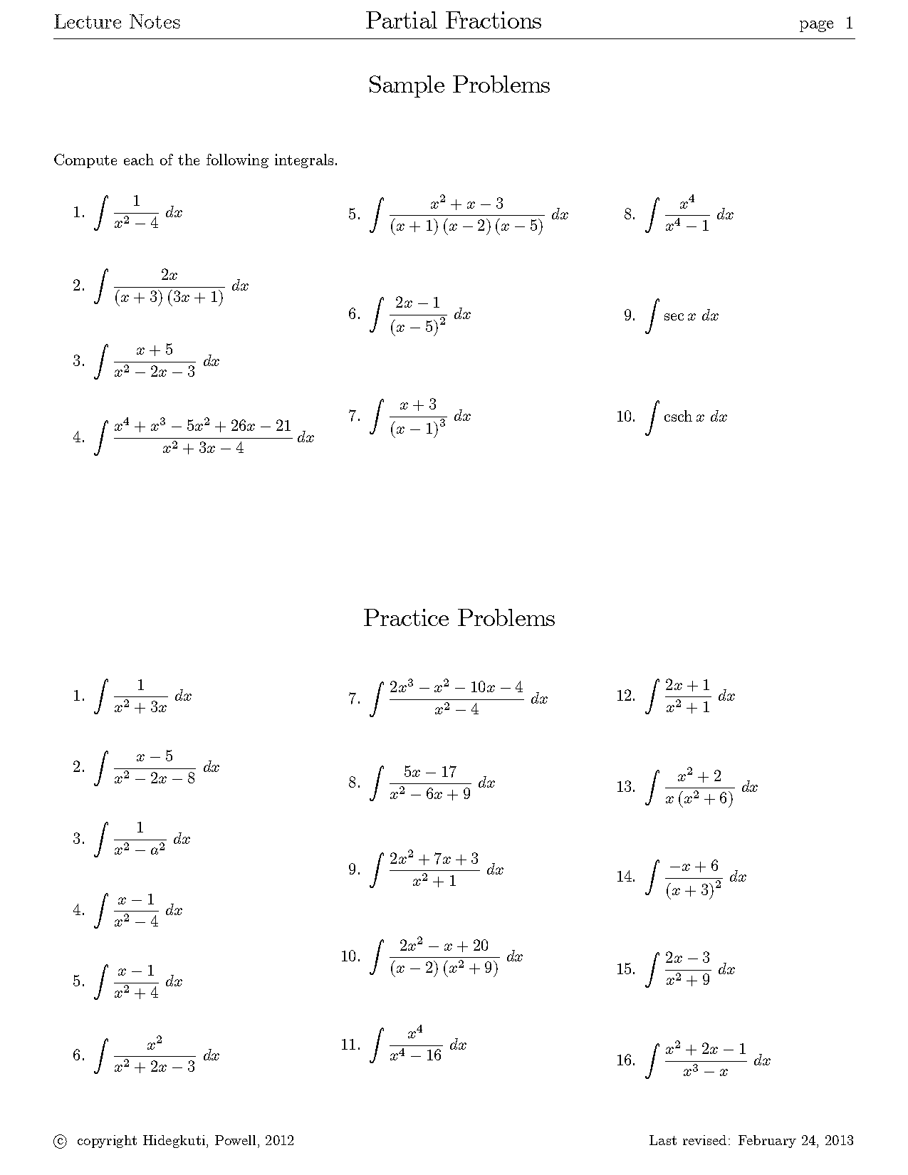 partial fractions worksheet pdf