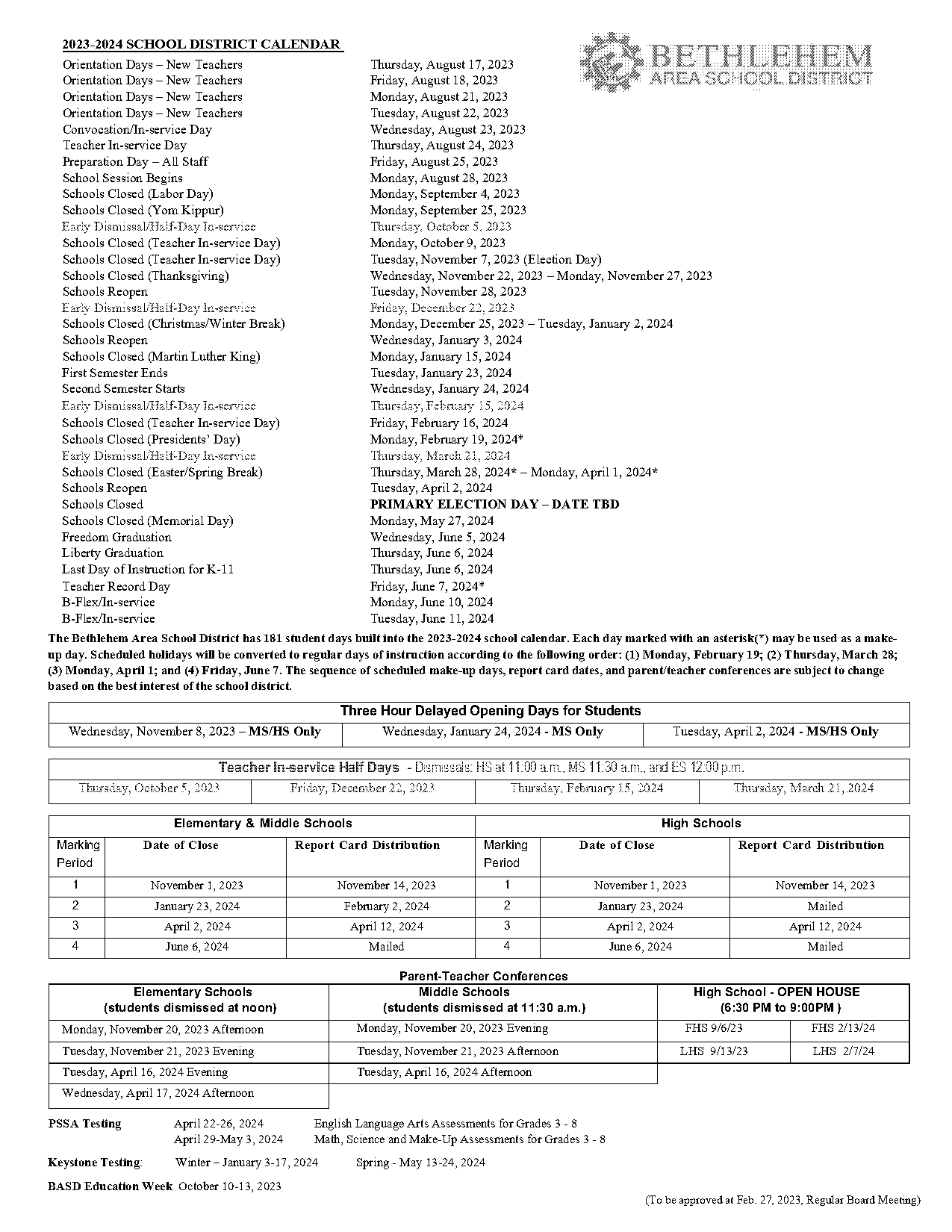 bell schedule at bethlehem area school district