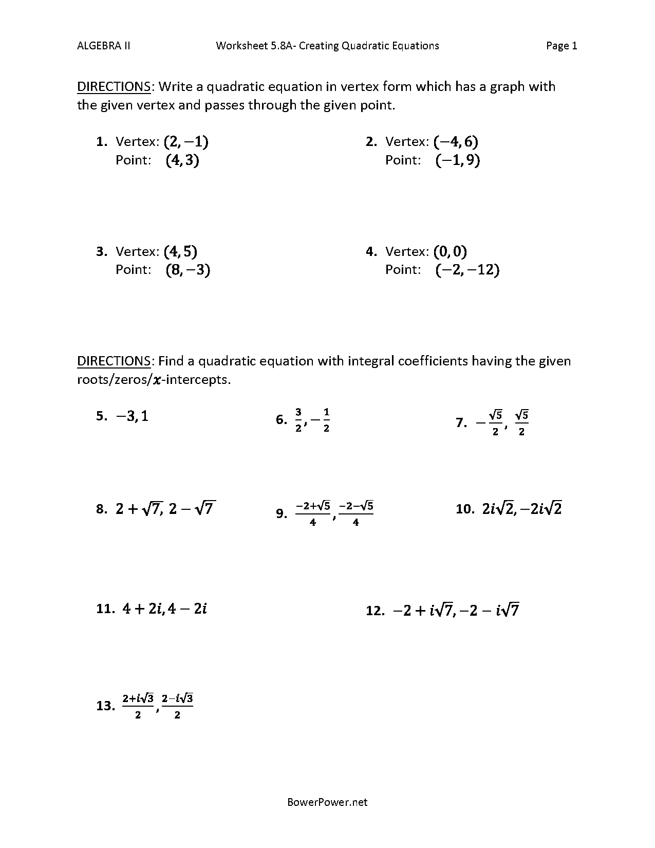 write equation in vertex form given vertex and point worksheet