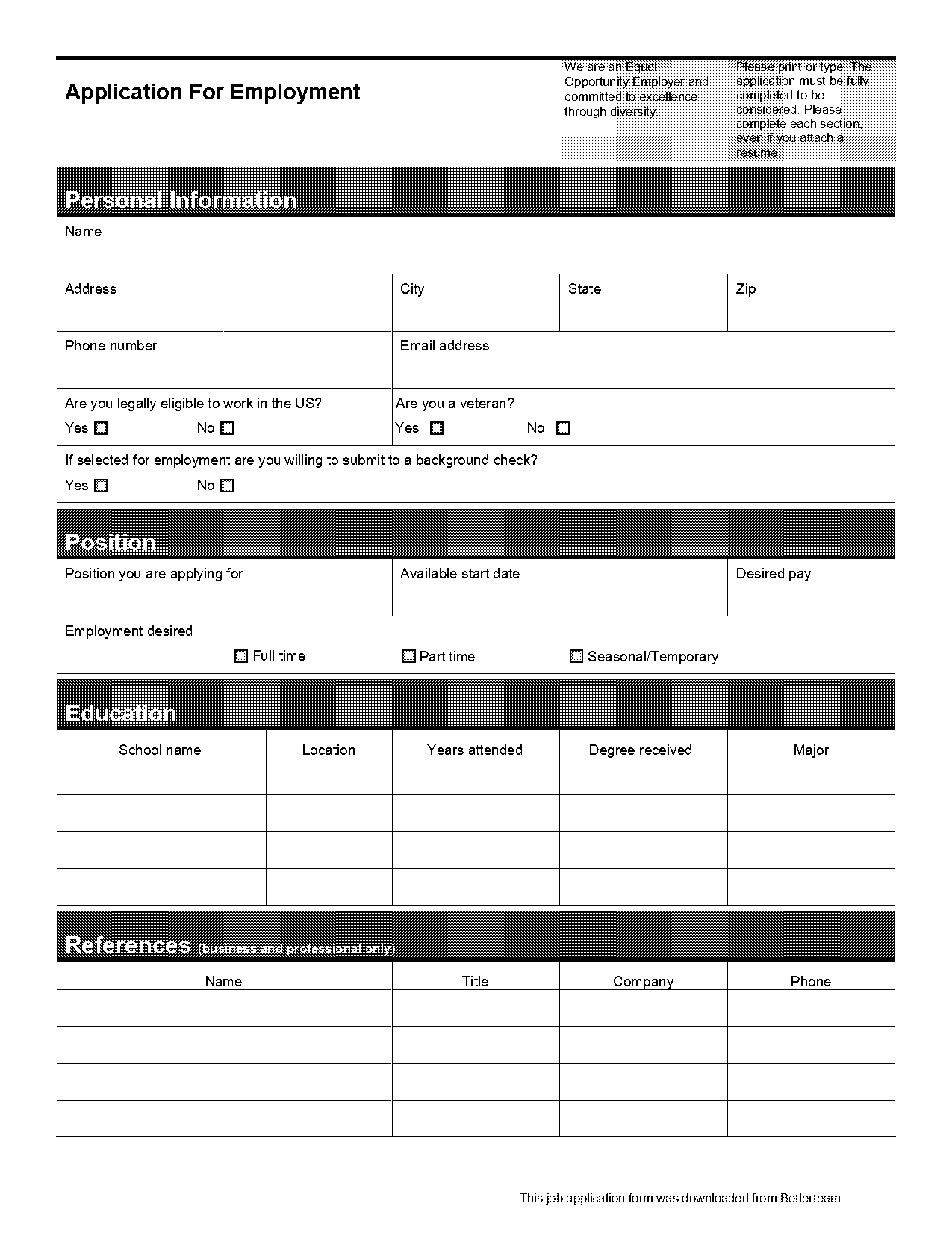 blank employment application template