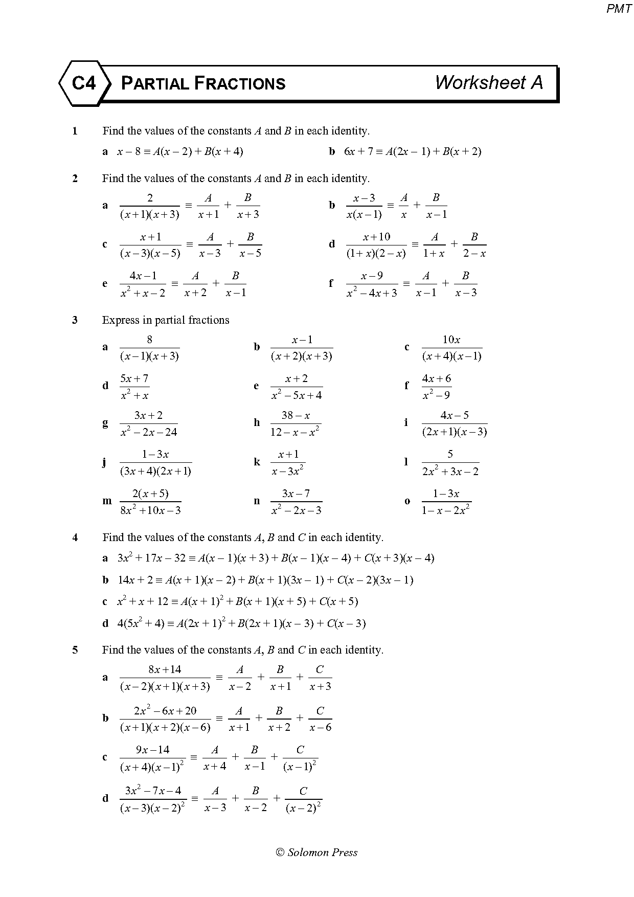 partial fractions worksheet pdf