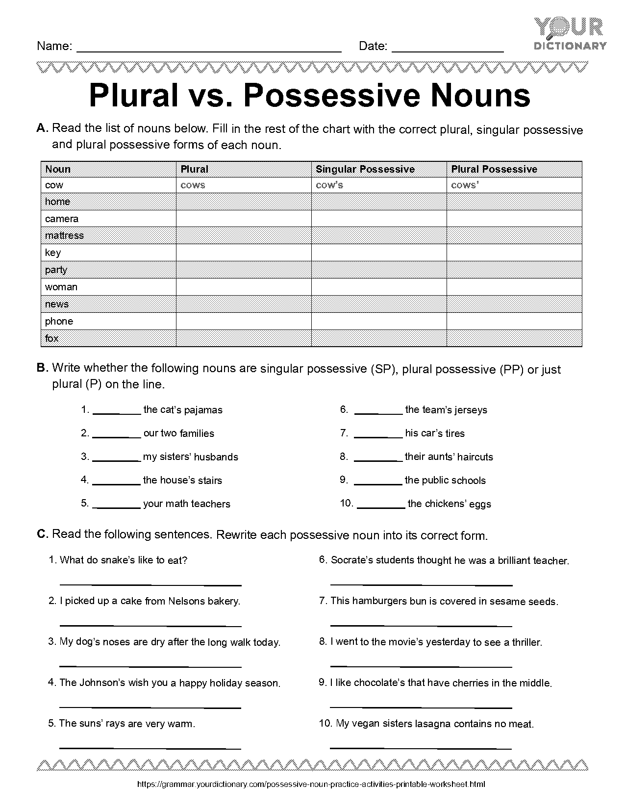 free printable posseissive nouns worksheets