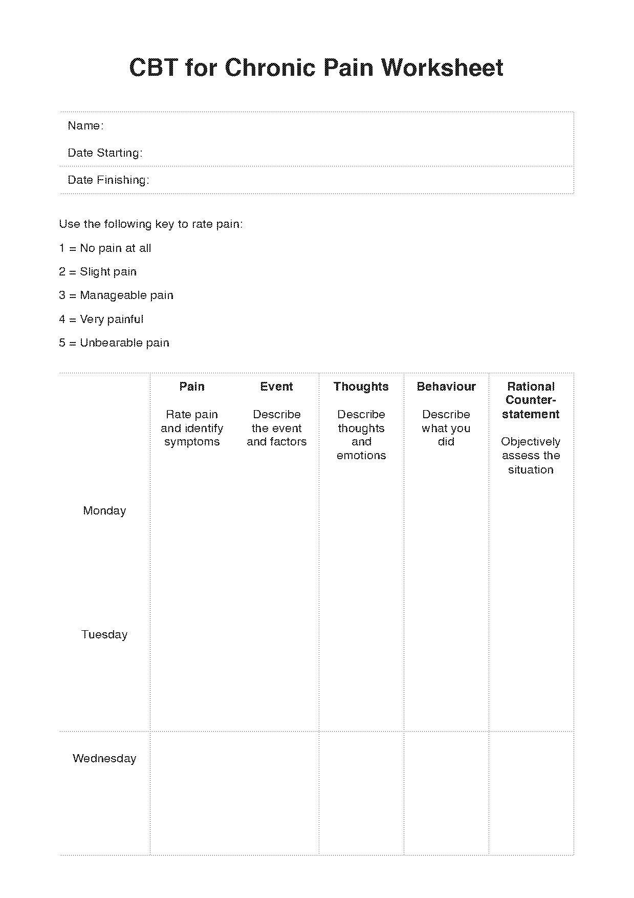 cbt for chronic pain worksheets