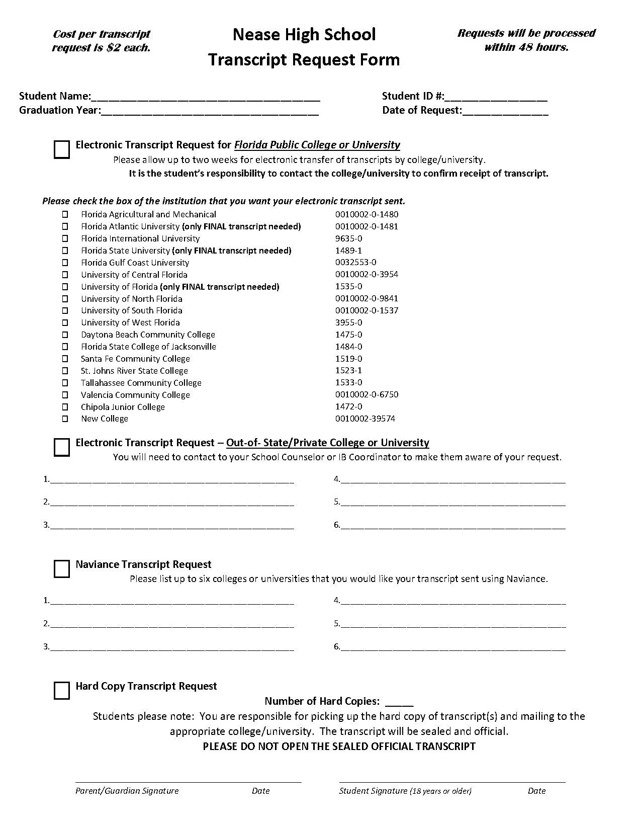 high school transcript request form florida