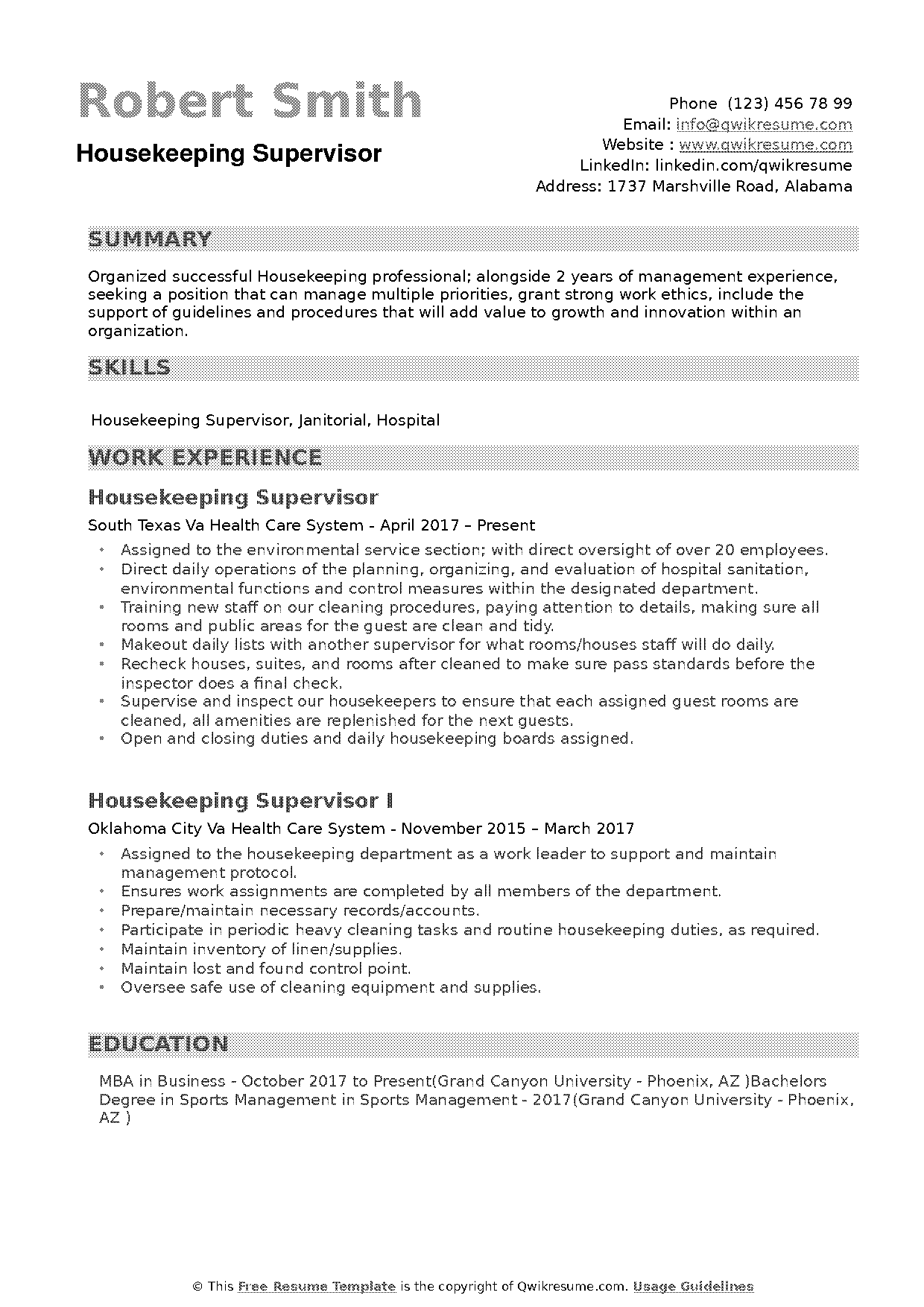 husekeeping supervisor resume samples