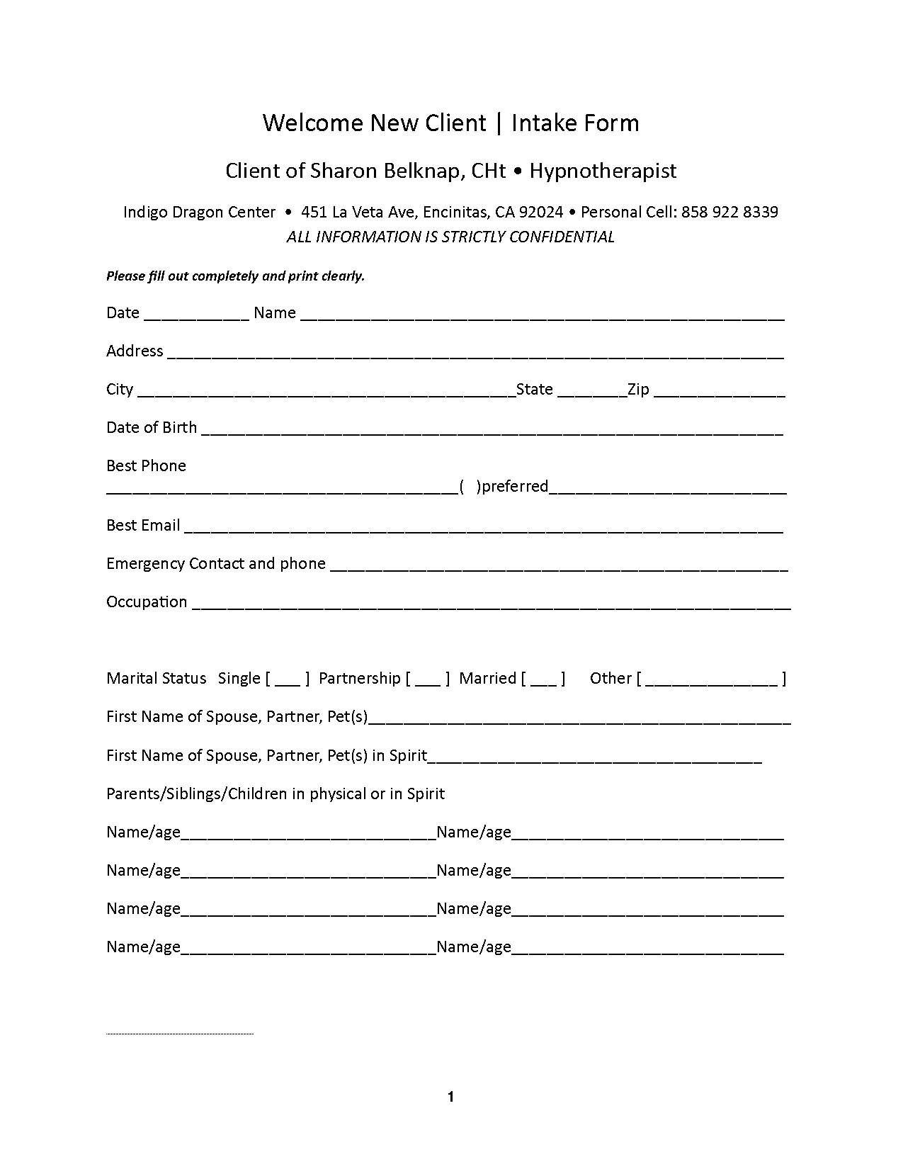 hypnosis intake form template