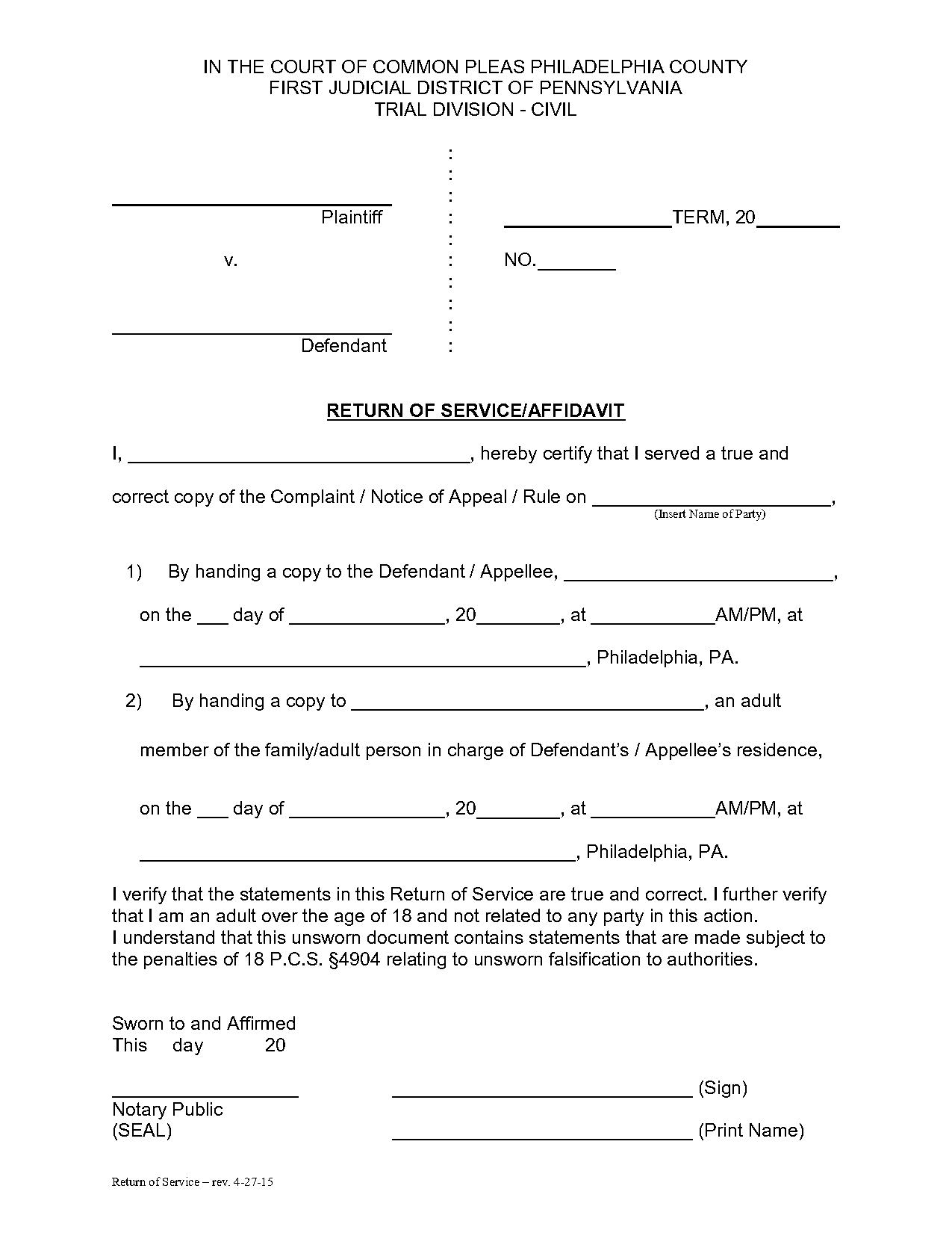 chester county sheriff service affidavit