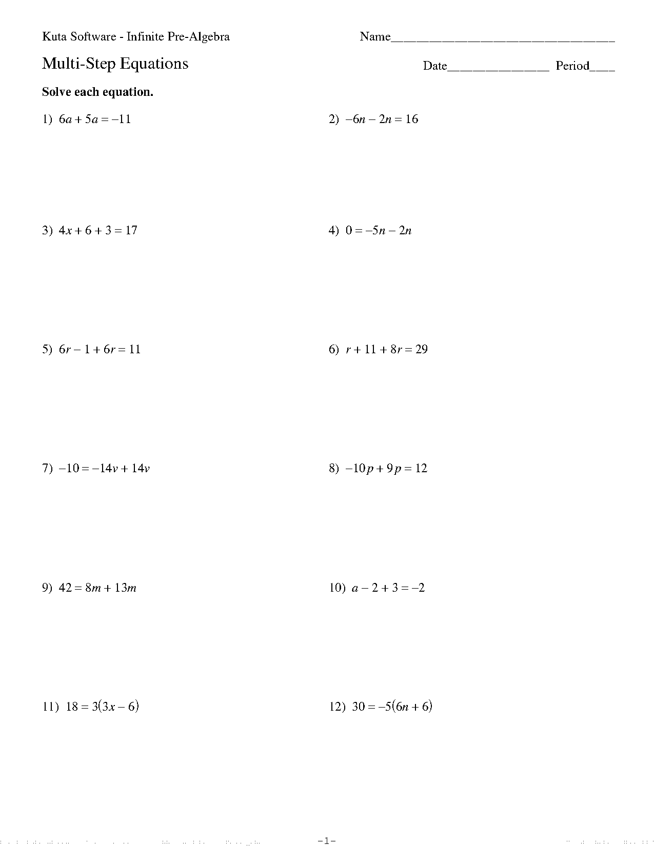 multi step equations worksheet answers