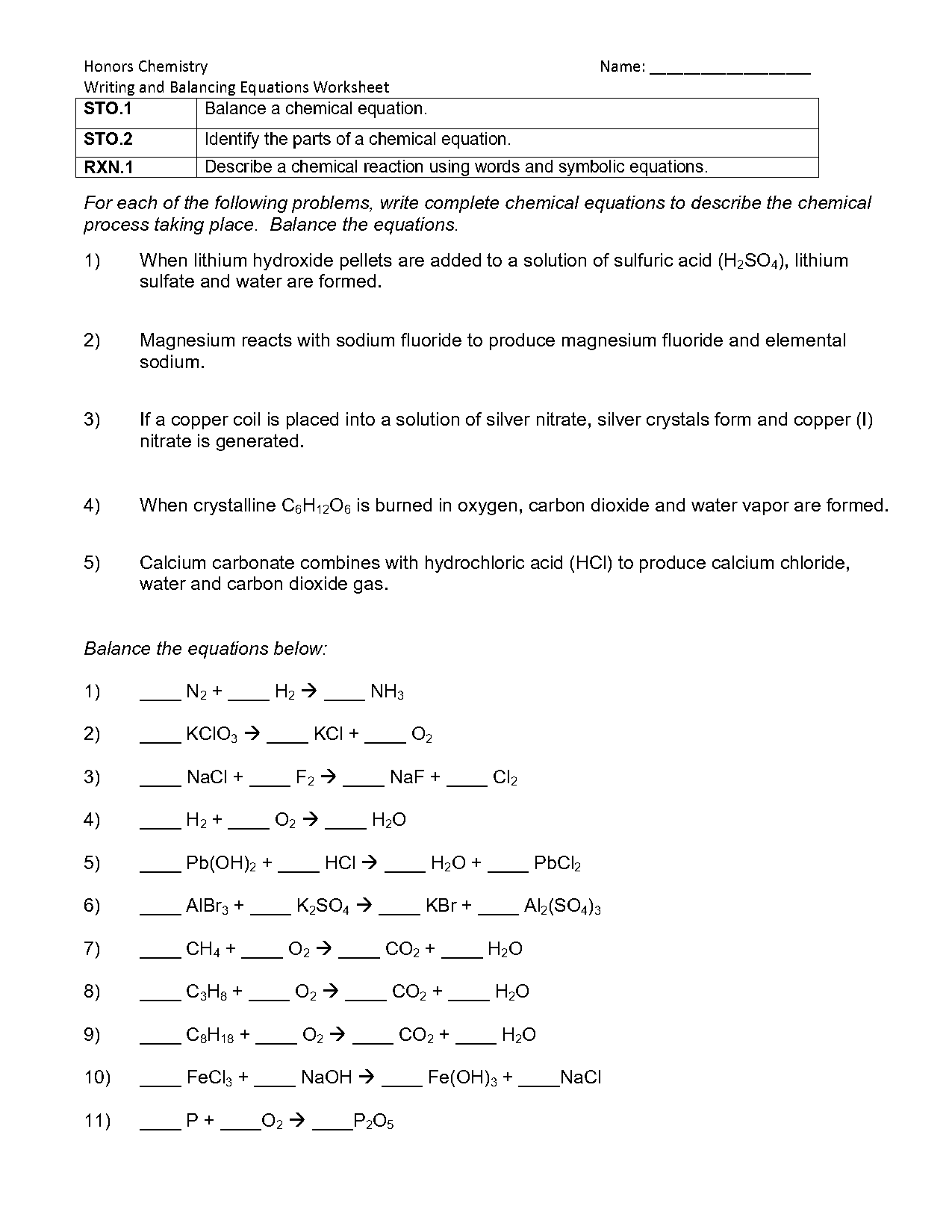 balancing and interpreting chemical equations worksheet answers