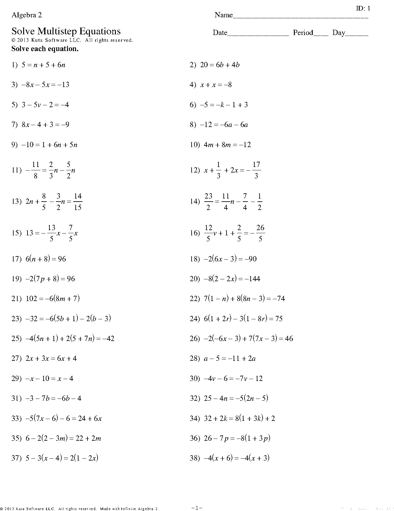 multi step equations worksheet answers