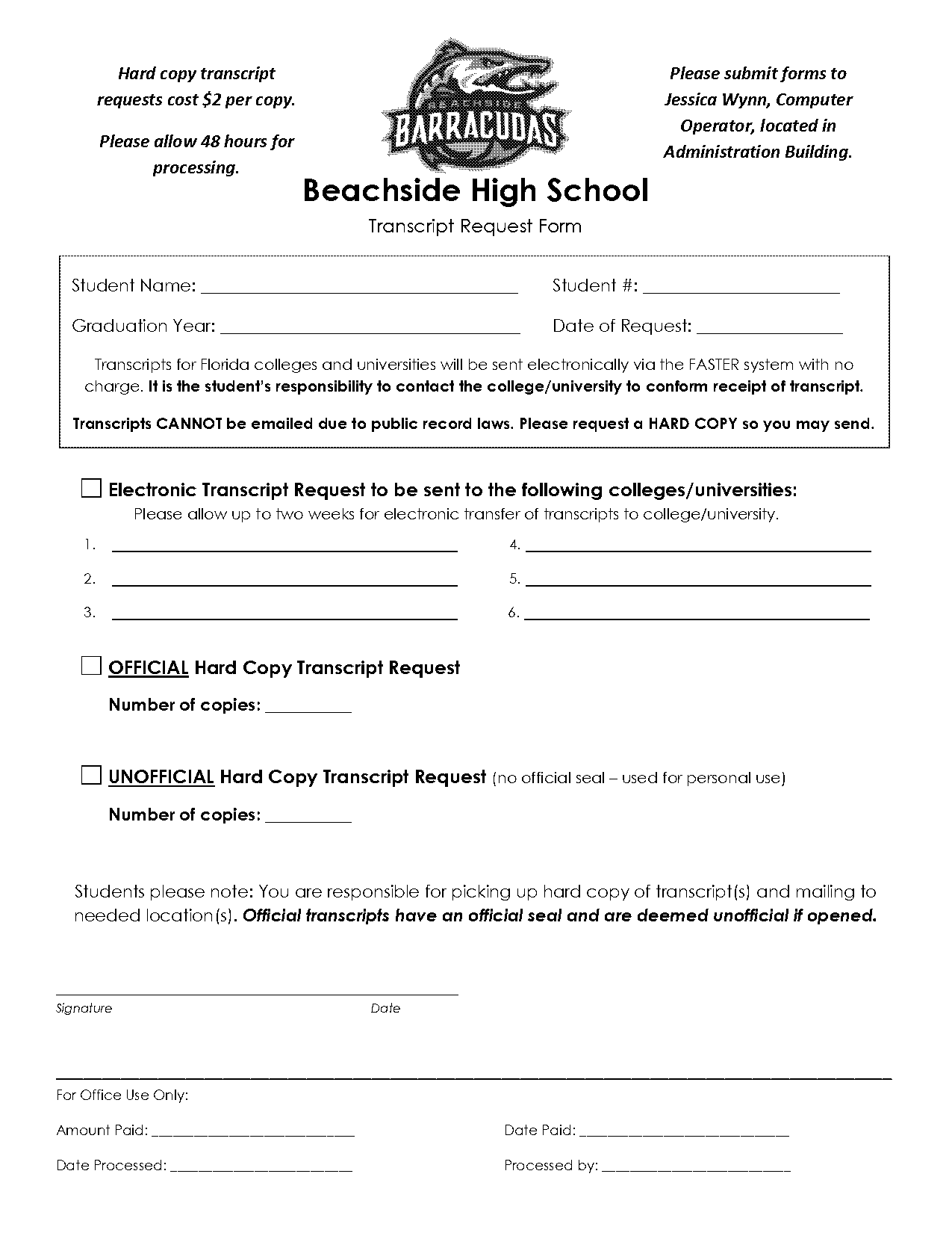 high school transcript request form florida