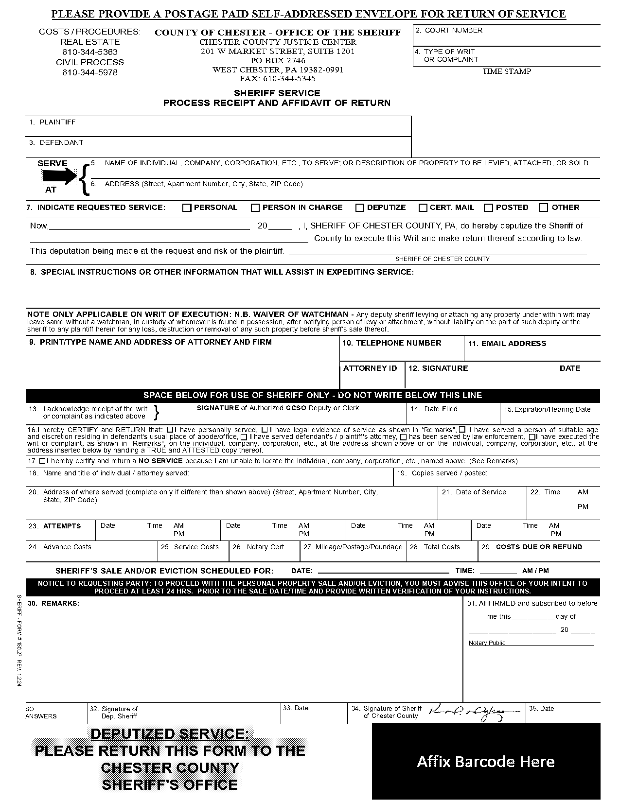 chester county sheriff service affidavit