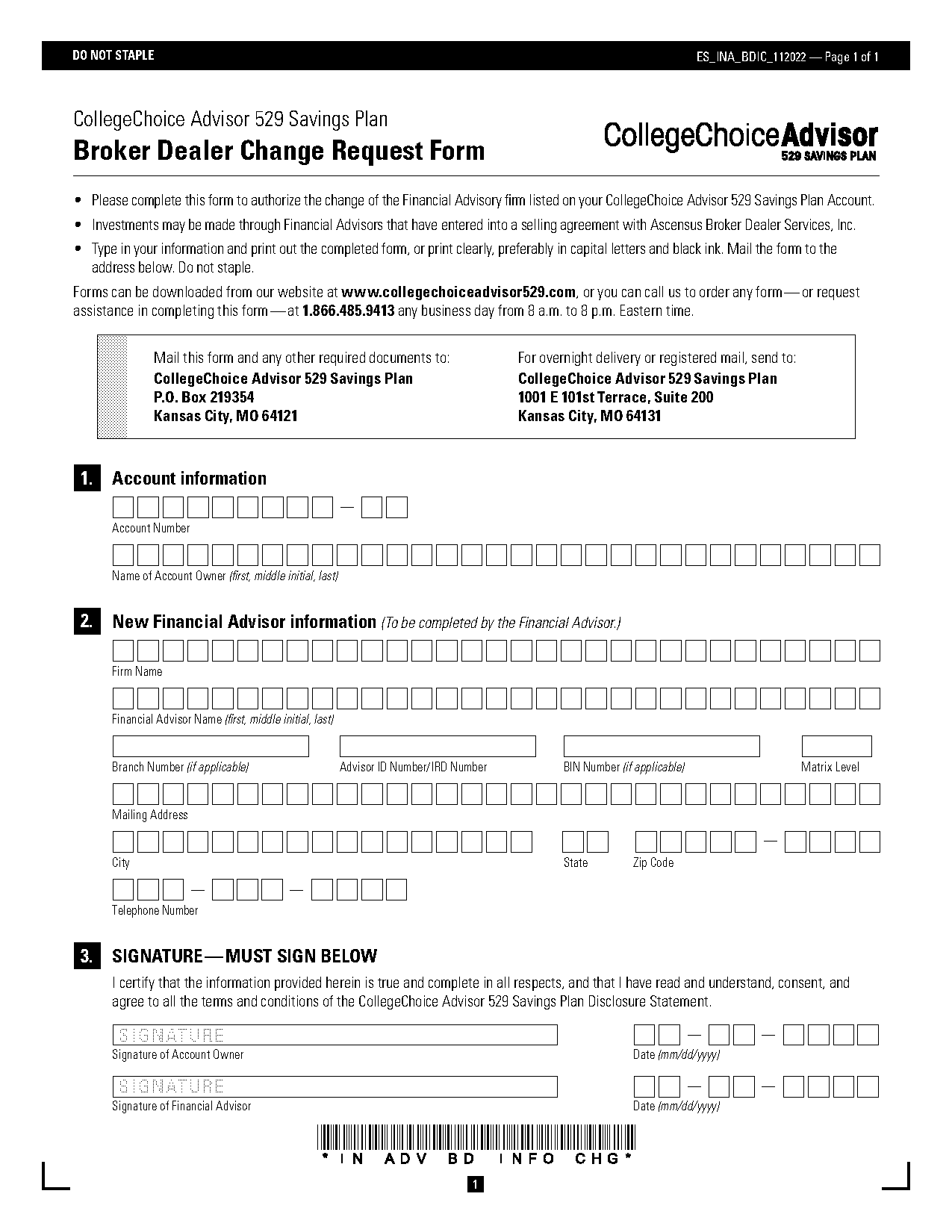 college america change of broker dealer form