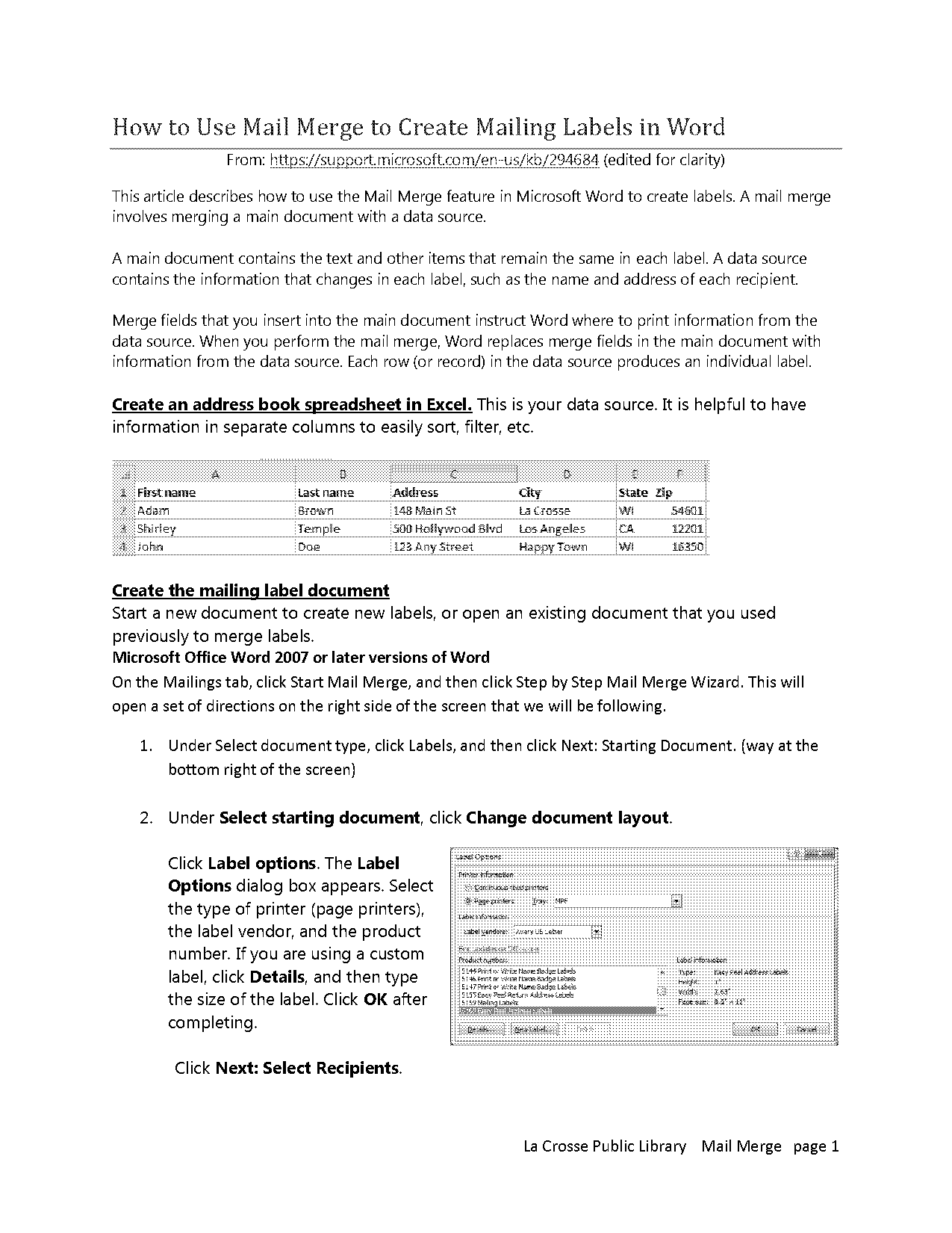 address labels from an excel spreadsheet