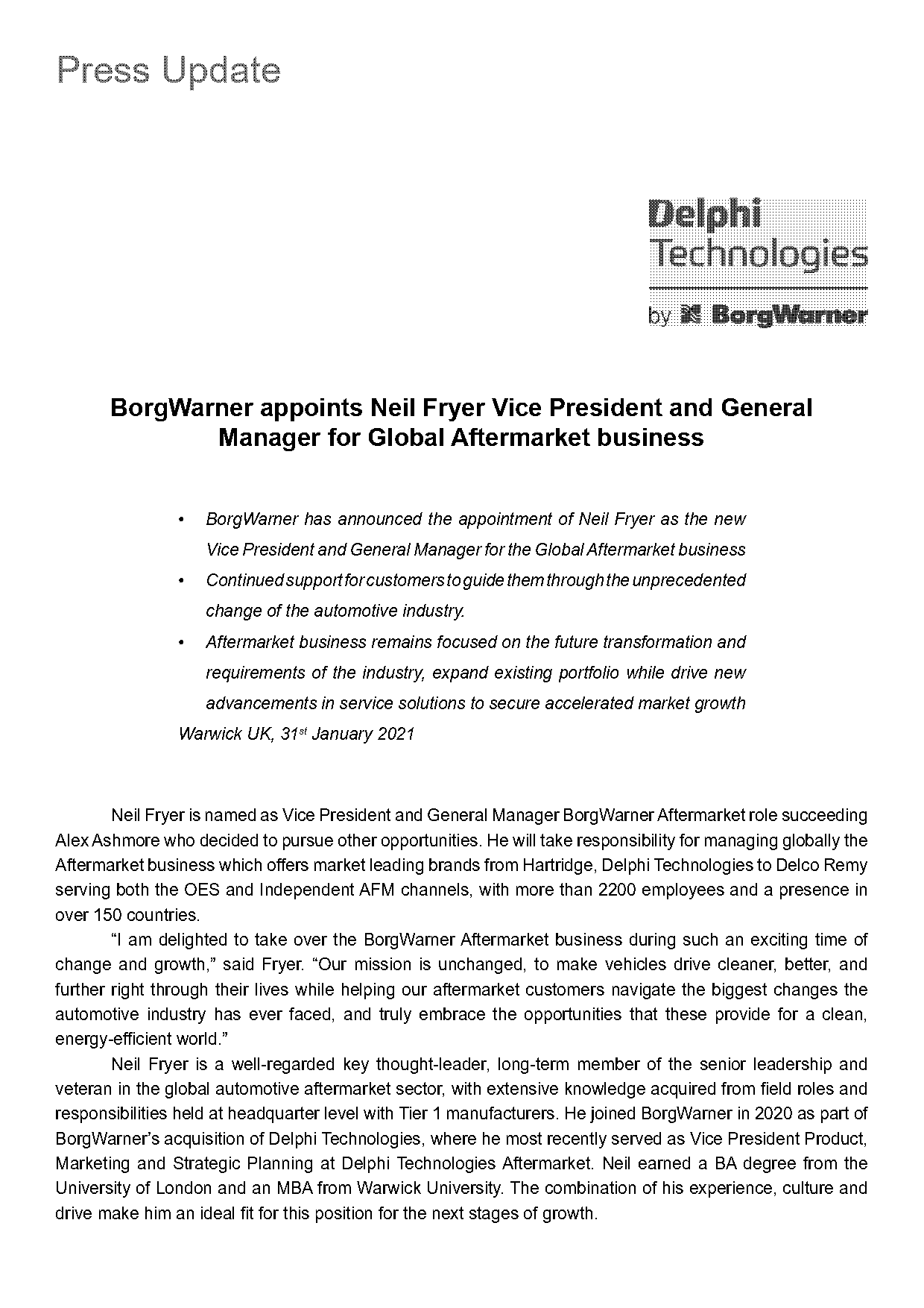 delphi borgwarner press release