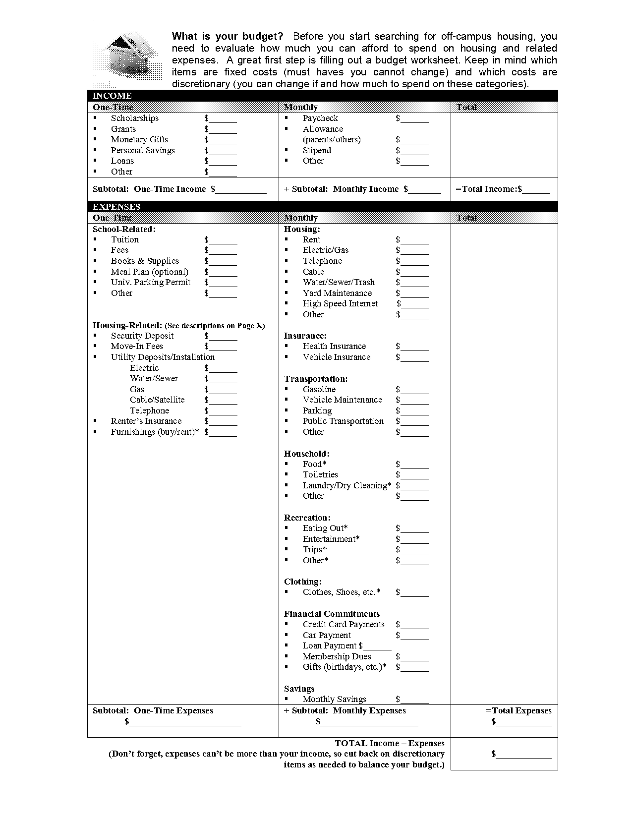 budget spreadsheets for an apartment