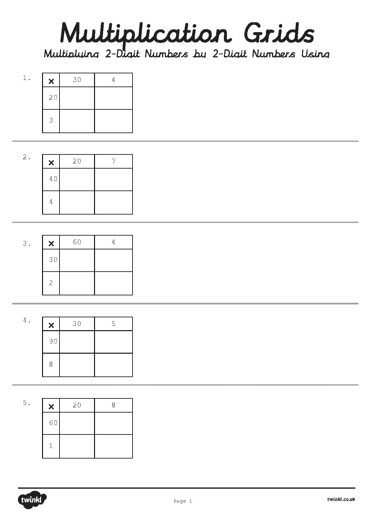 grid method of multiplication worksheets