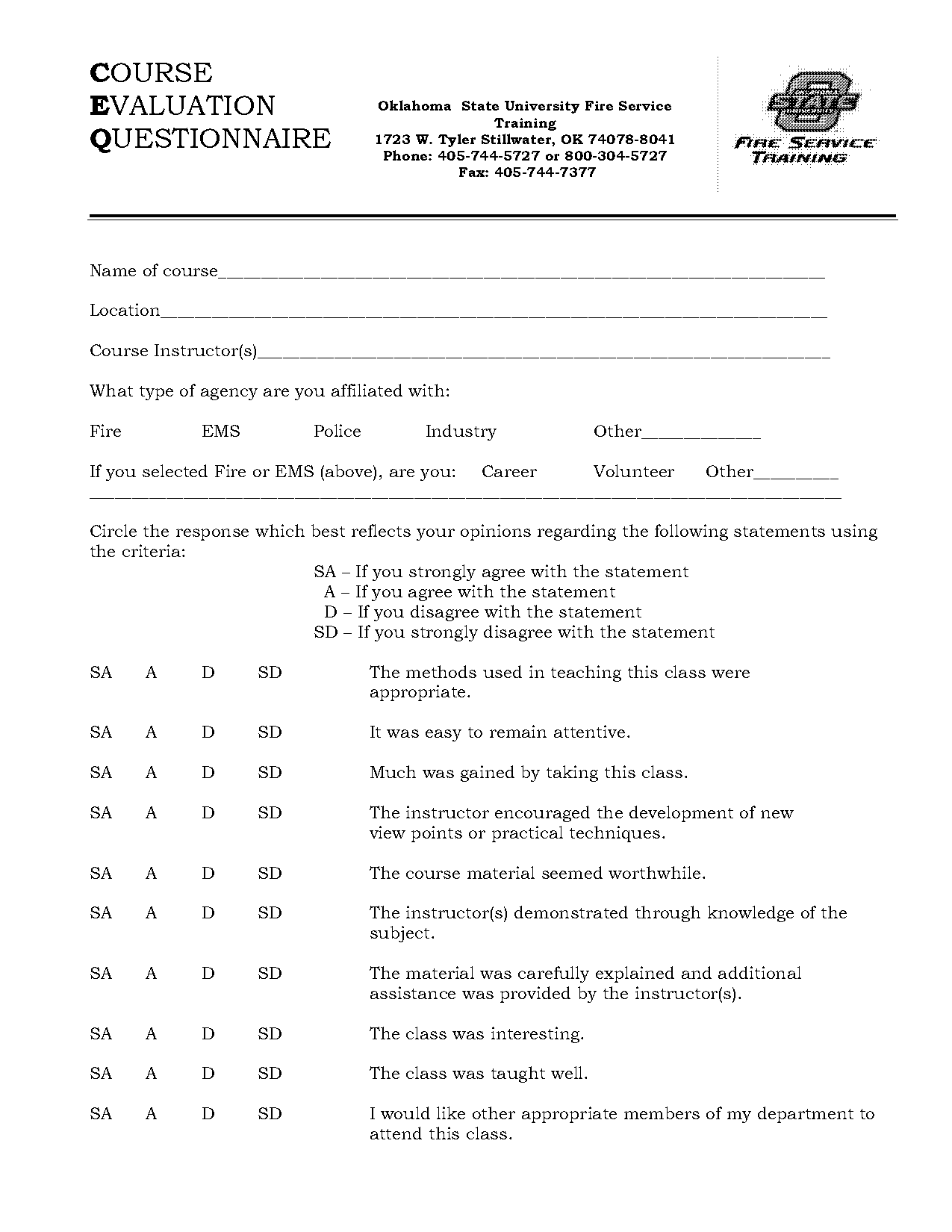 fire class evaluation form