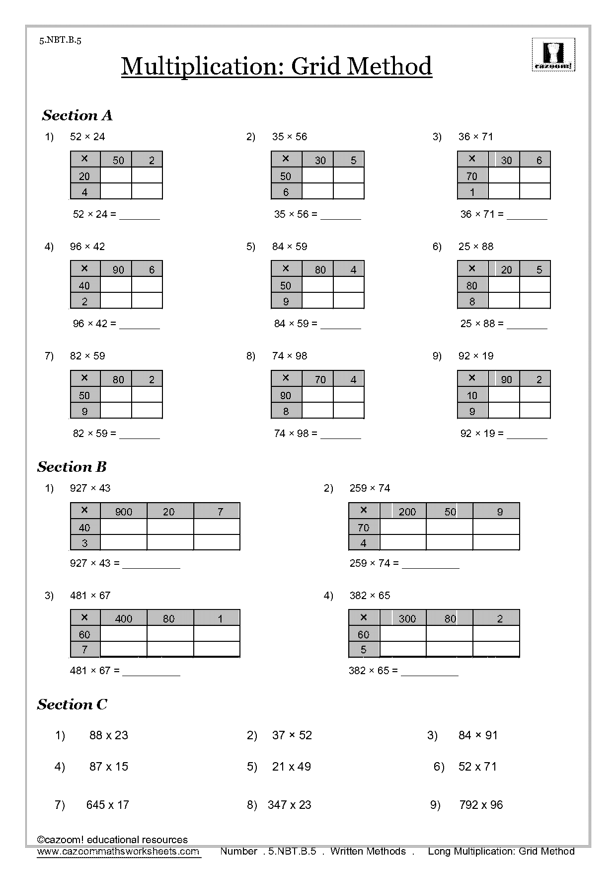 grid method of multiplication worksheets