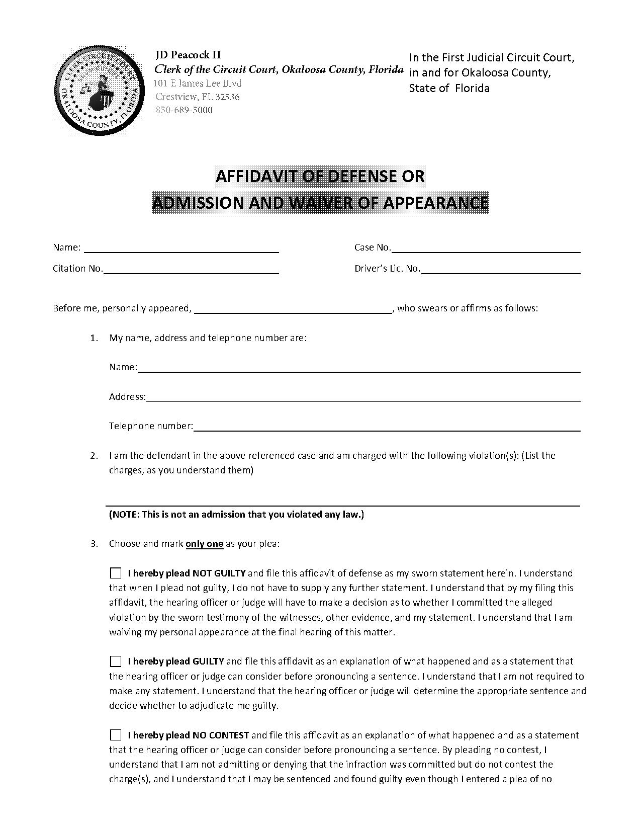 affidavit for grounds of defense