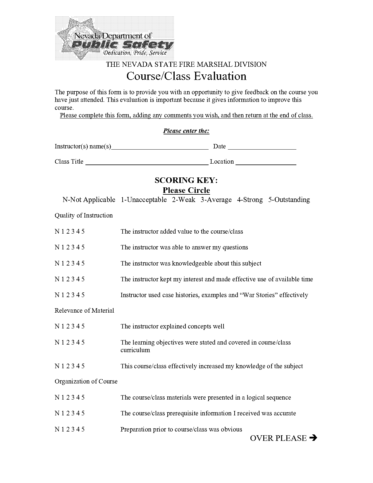 fire class evaluation form