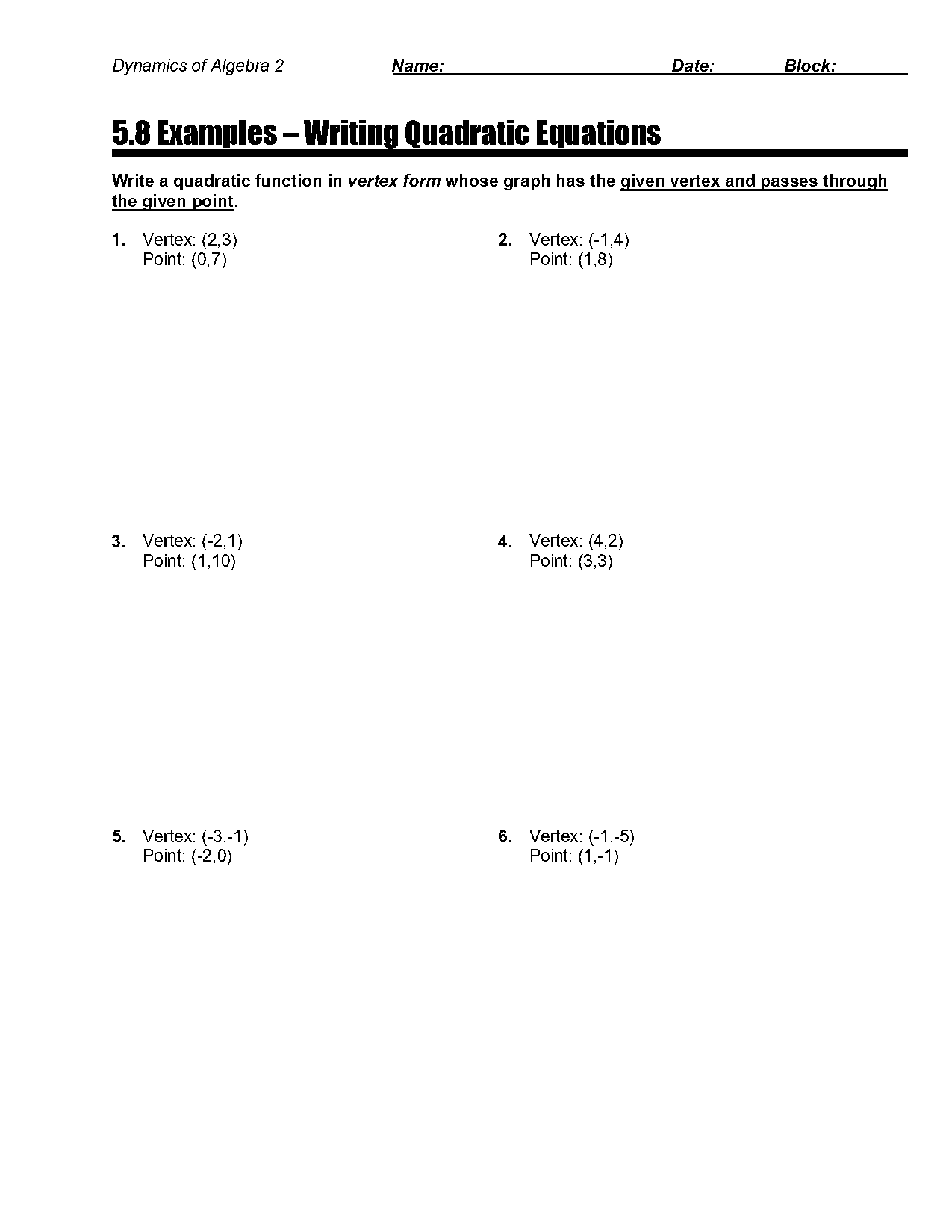 write equation in vertex form given vertex and point worksheet