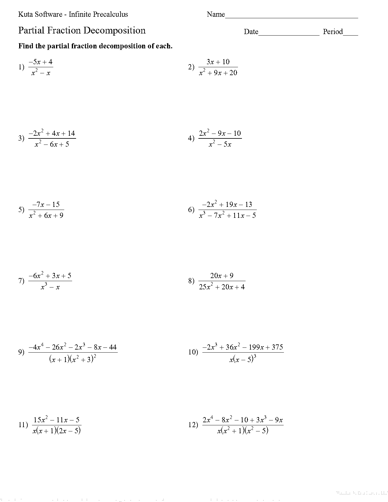 partial fractions worksheet pdf