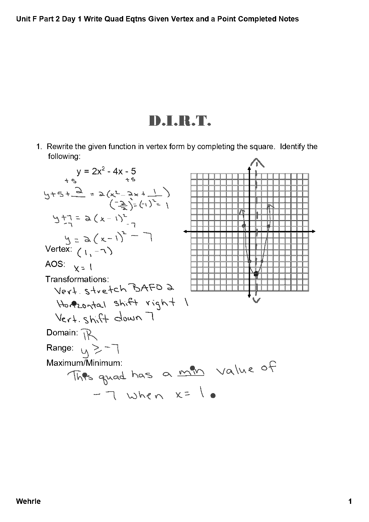 write equation in vertex form given vertex and point worksheet