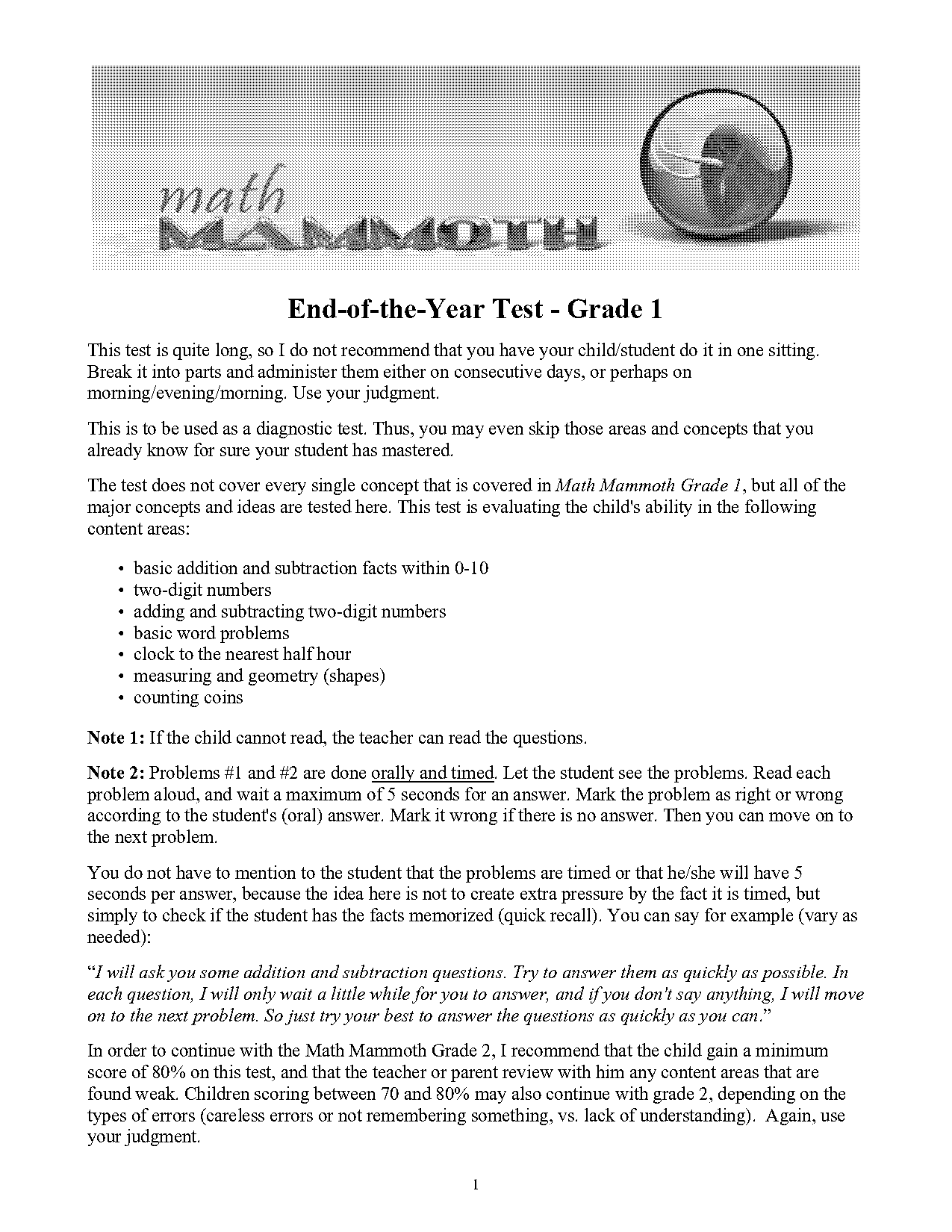 first grade math sample test