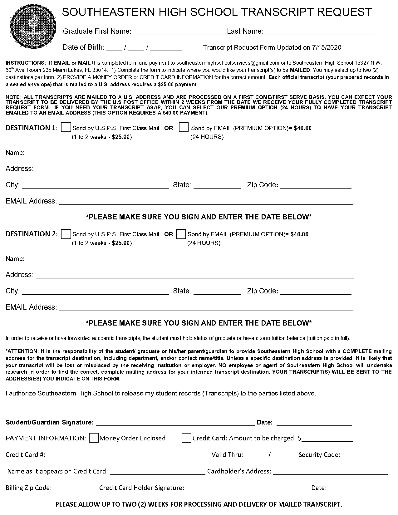 high school transcript request form florida