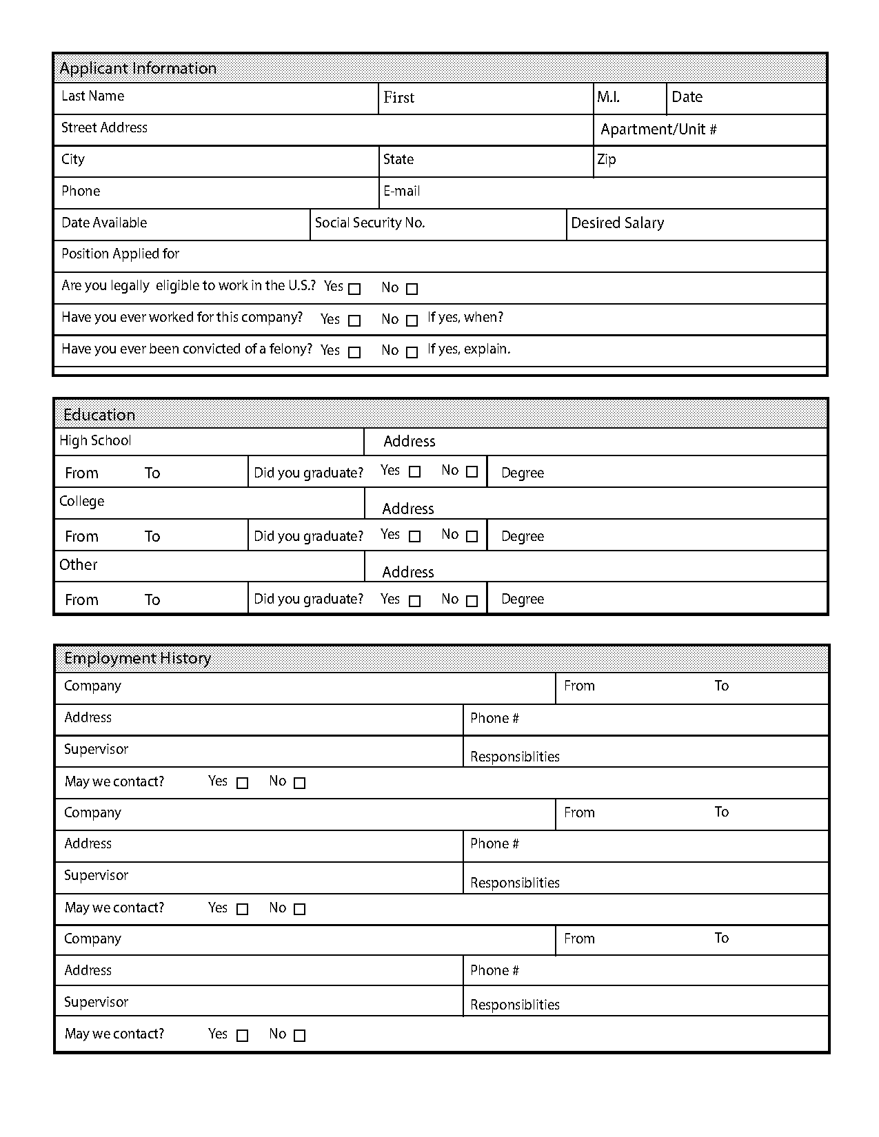 blank employment application template