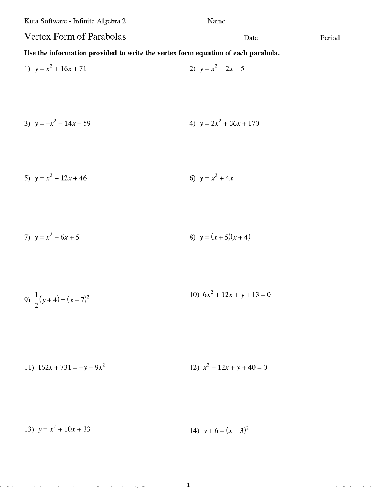 write equation in vertex form given vertex and point worksheet