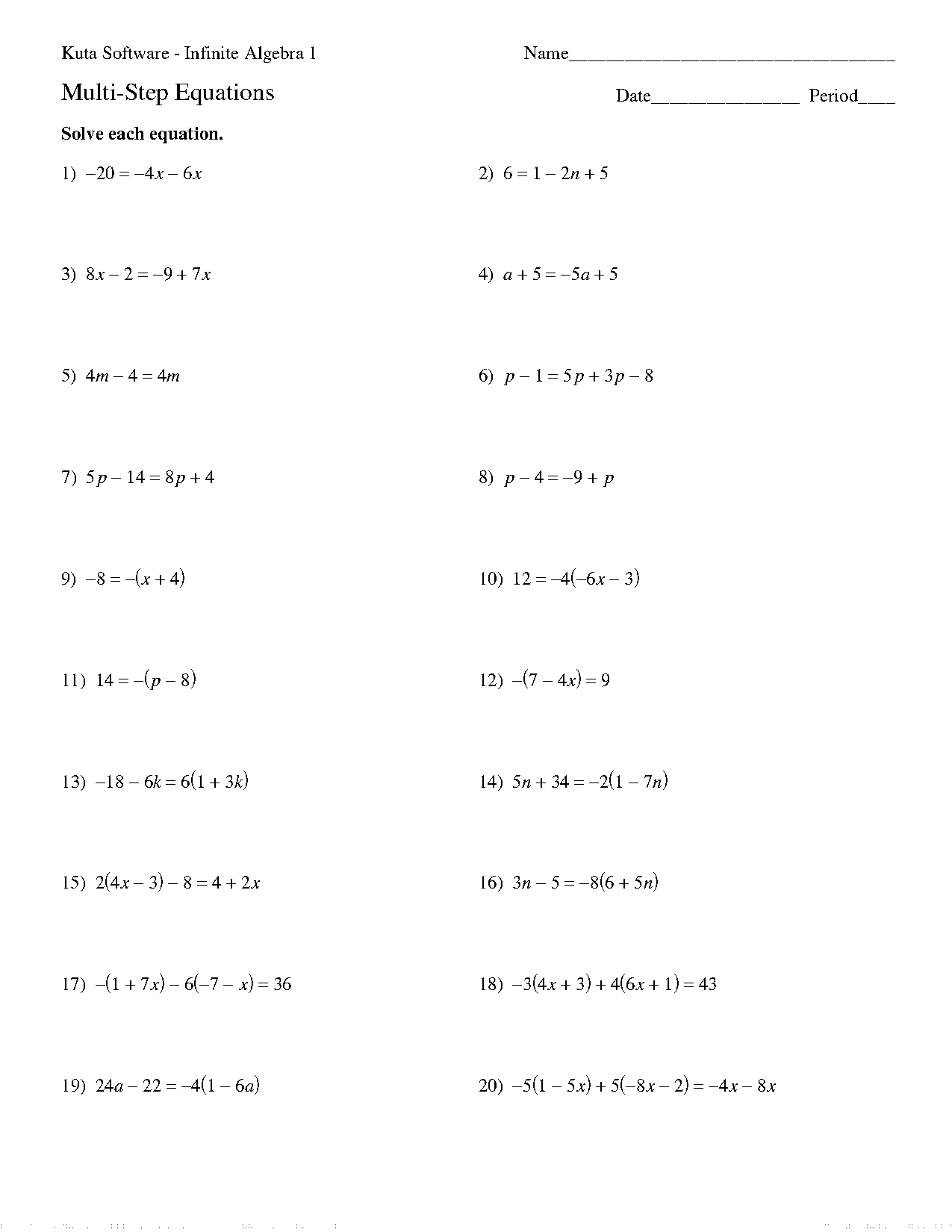 multi step equations worksheet answers