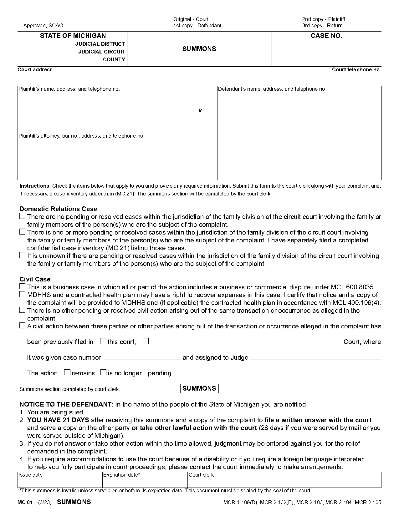 blank summons and complaint court forms