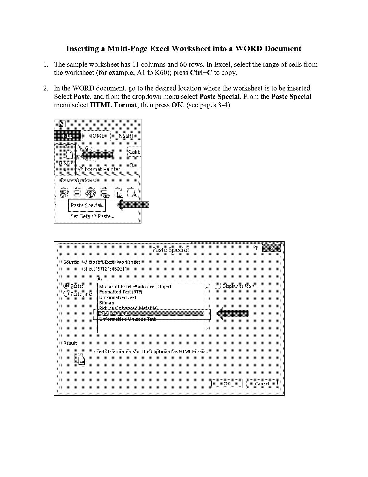 how insert an html document into excel